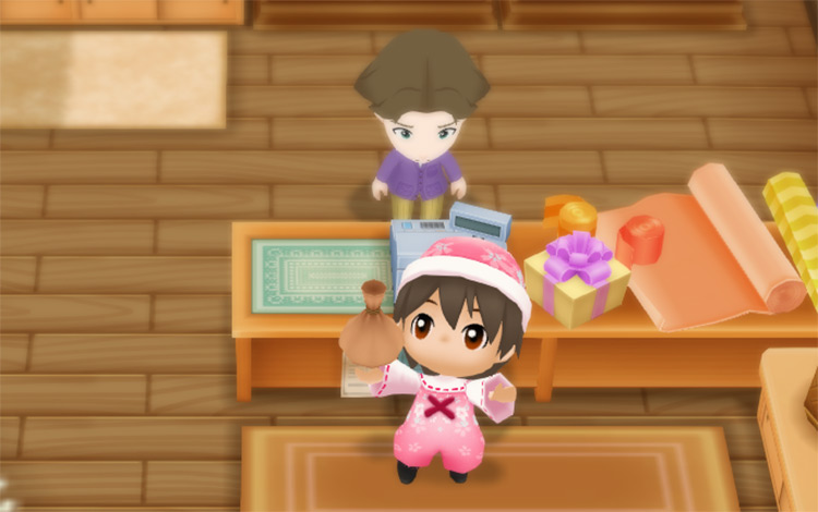 The farmer buys Carrot seeds from Jeff at the General Store. / Story of Seasons: Friends of Mineral Town