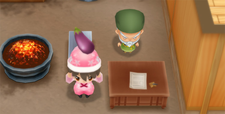 The farmer stands next to Saibara while holding an Eggplant. / Story of Seasons: Friends of Mineral Town