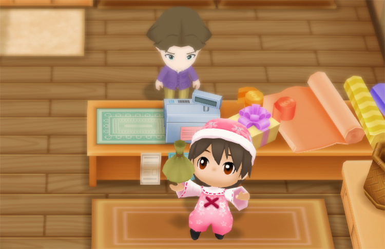 The farmer buys Onion seeds from Jeff at the General Store. / Story of Seasons: Friends of Mineral Town