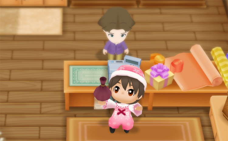 The farmer buys Adzuki Bean seeds from Jeff at the General Store. / Story of Seasons: Friends of Mineral Town