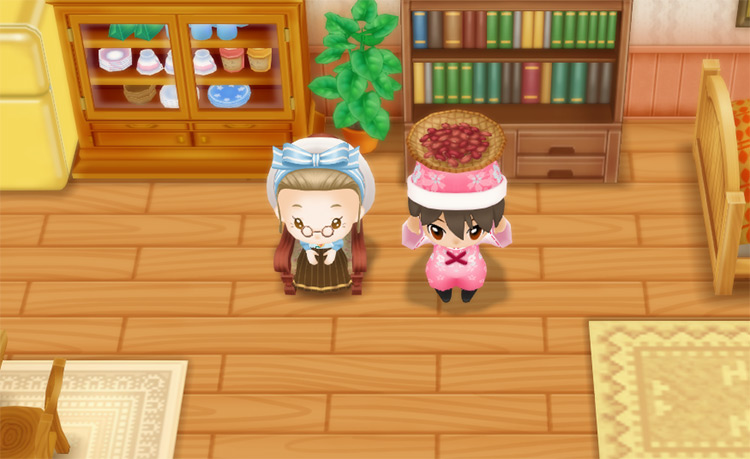 The farmer stands next to Ellen while holding Adzuki Beans. / Story of Seasons: Friends of Mineral Town