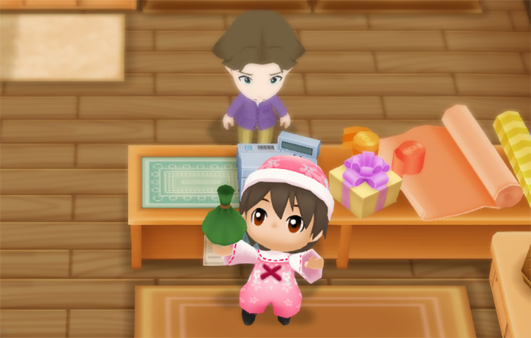 The farmer buys Green Pepper seeds from Jeff at the General Store. / Story of Seasons: Friends of Mineral Town