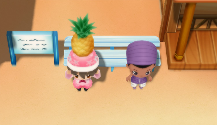 The farmer stands next to Kai while holding a Pineapple. / Story of Seasons: Friends of Mineral Town