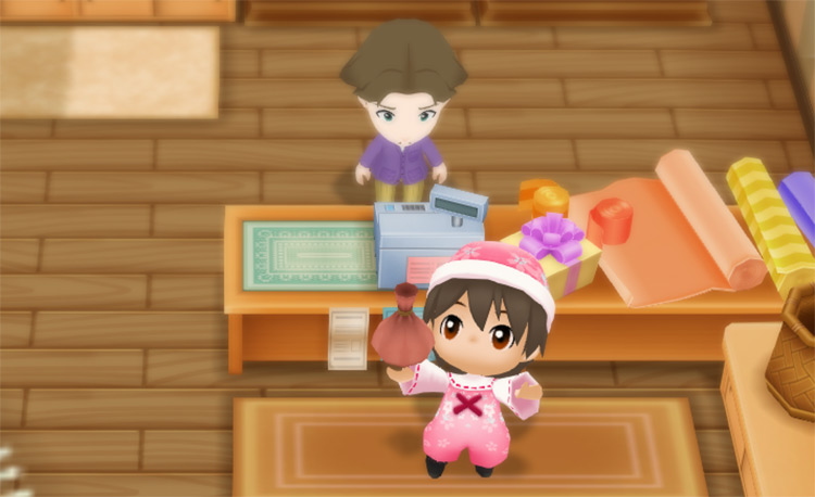 The farmer buys Tomato seeds from Jeff at the General Store. / Story of Seasons: Friends of Mineral Town