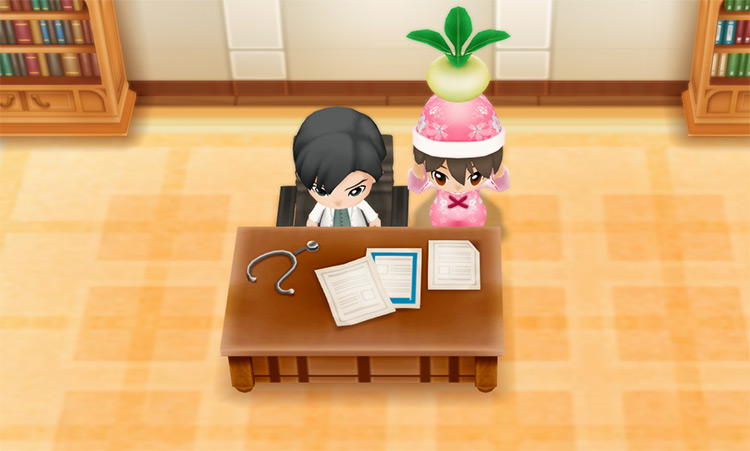 The farmer stands next to Doctor while holding a Turnip. / Story of Seasons: Friends of Mineral Town