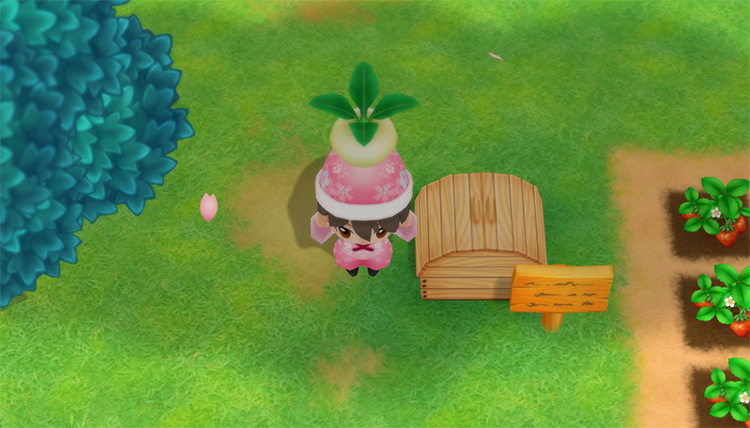 The farmer drops a Turnip into the Shipping Bin. / Story of Seasons: Friends of Mineral Town