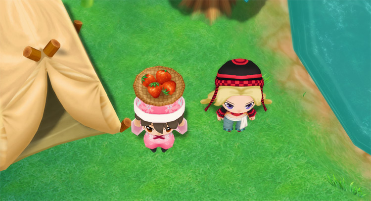 The farmer stands next to Jennifer while holding a Strawberry. / Story of Seasons: Friends of Mineral Town