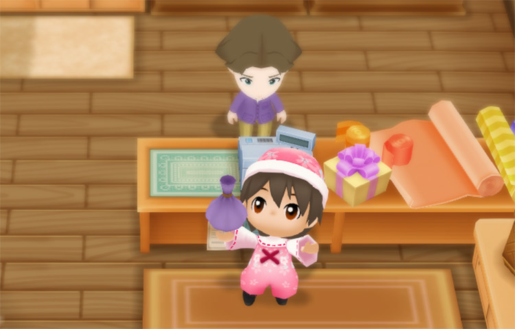The farmer buys Yam seeds from Jeff at the General Store. / Story of Seasons: Friends of Mineral Town