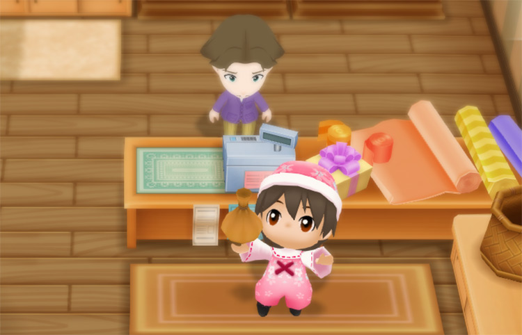 The farmer buys Pumpkin seeds from Jeff at the General Store. / Story of Seasons: Friends of Mineral Town