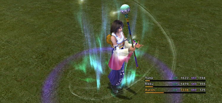 Yuna casting Cura on the party in FFX HD