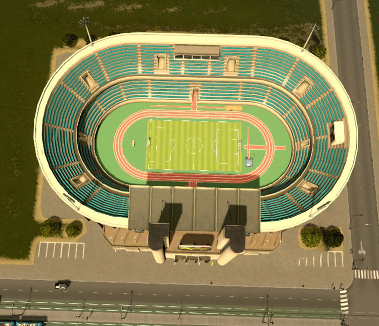 The Sports Arena seen from above. / Cities: Skylines