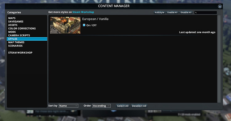 Go to Content Manager, and select Styles from the list on the left. Enable “European/Vanilla”. / Cities: Skylines