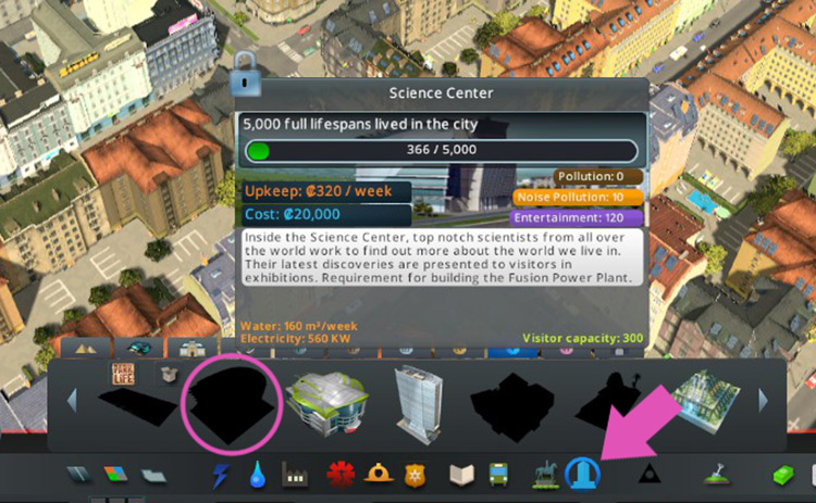 Until then, you can hover over its silhouette in the menu to see your progress towards the unlock. / Cities: Skylines