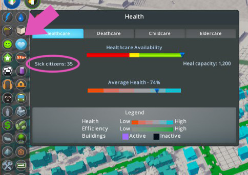 In the Health info panel, you can see how many of your citizens are currently sick. / Cities: Skylines