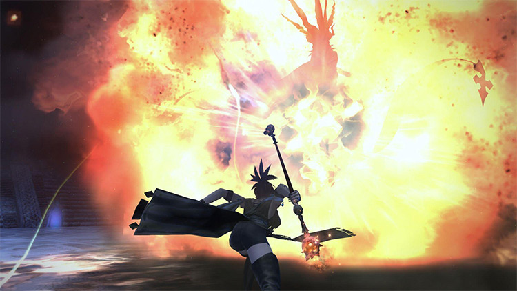 A Blue Mage unleashing a barrage of aetherochemical bombs upon Shiva / FFXIV