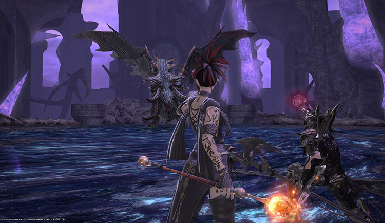 The Warrior of Light and Estinient fighting Nidhogg / FFXIV