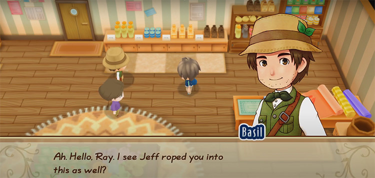 The farmer talks to Jeff and Basil inside the General Store. / Story of Seasons: Friends of Mineral Town