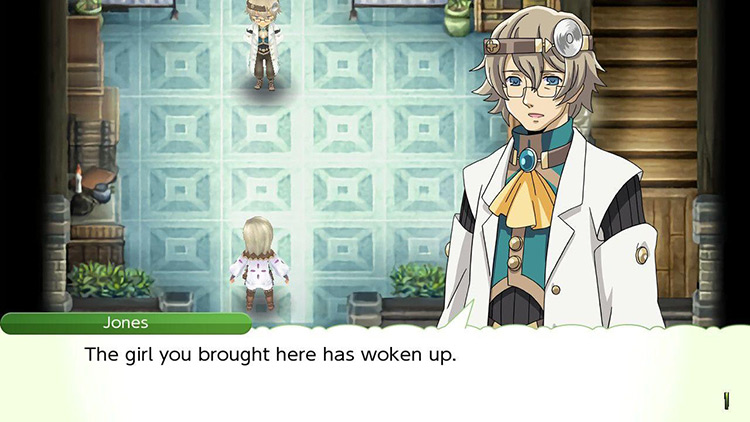 Jones telling Lest that the mysterious girl is awake in the Tiny Bandage Clinic / Rune Factory 4
