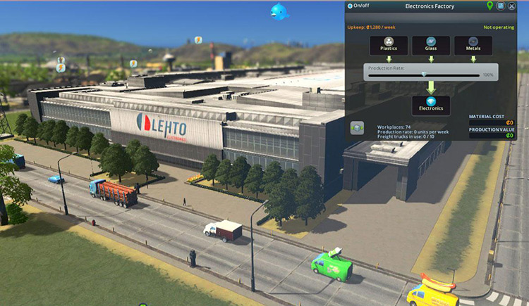 The electronics factory requires glass, plastics, and metals / Cities: Skylines