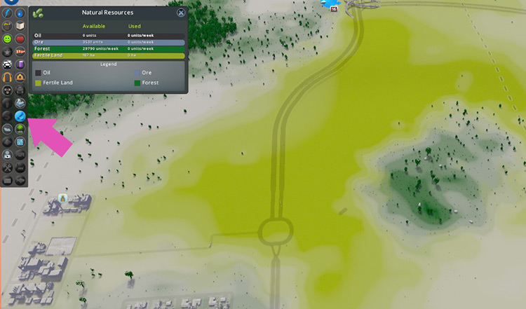 The more intense the shade of yellow-green, the more fertile the land is. / Cities: Skylines