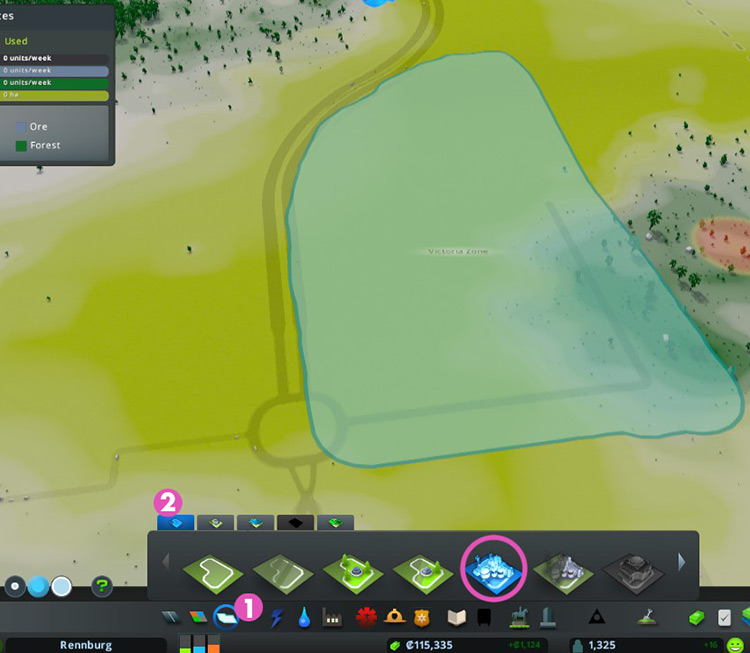 Go to Districts & Areas (1),  then Districts Painting Tools (2), and select Paint Industry Area. / Cities: Skylines