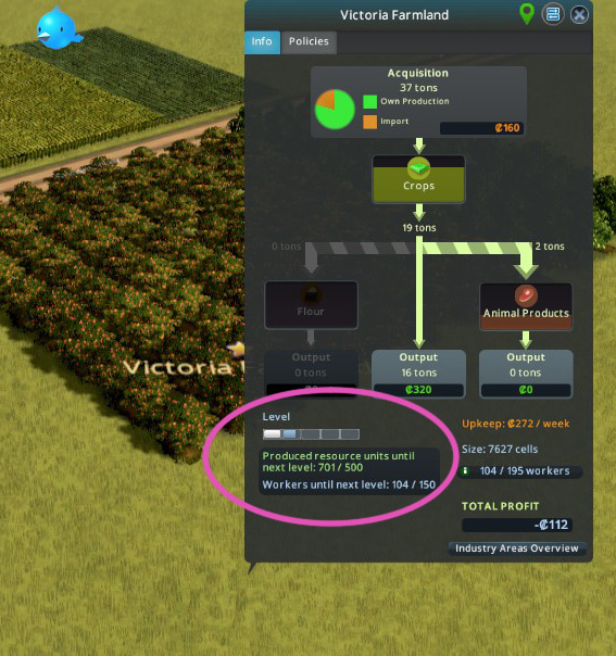 Clicking on the name of your industry area on the map will bring up its info panel, where you can see your progress towards these milestones. / Cities: Skylines