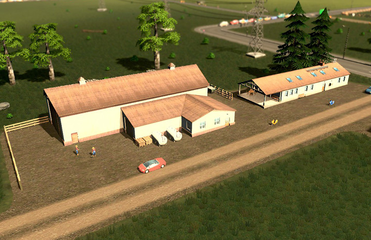The Farm Maintenance Building (left) and the Farm Workers’ Barracks, both of which can be found in the same tab as the Main Building. / Cities: Skylines