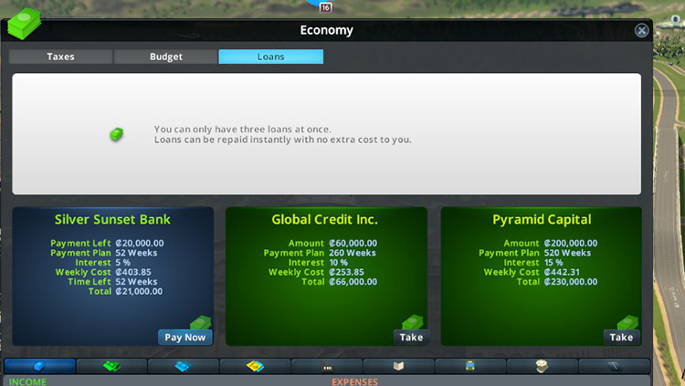 Any loans you currently have will be blue-gray instead of green, and a Pay Now button will let you repay instantly if you can afford it. / Cities: Skylines