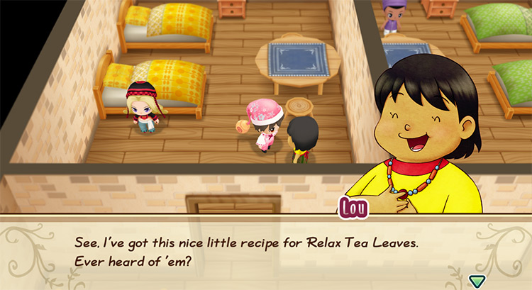 Lou offers to teach the farmer the recipe for Relax Tea Leaves. / Story of Seasons: Friends of Mineral Town