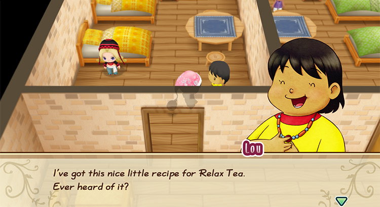 Lou offers to teach the farmer the recipe for Relax Tea. / Story of Seasons: Friends of Mineral Town