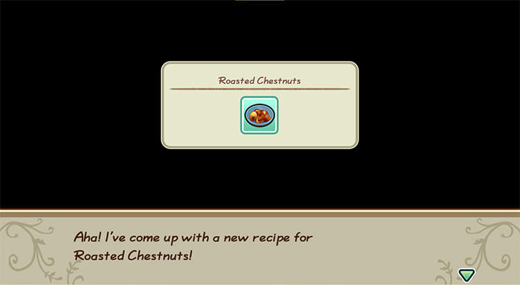 The farmer gets inspired to cook Roasted Chestnuts while in the kitchen. / Story of Seasons: Friends of Mineral Town