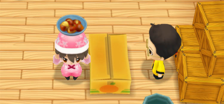 The farmer stands in front of Huang’s counter while holding a plate of Roasted Chestnuts. / Story of Seasons: Friends of Mineral Town