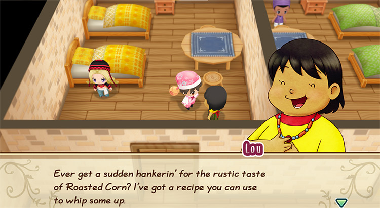 Lou offers to teach the farmer the recipe for Roasted Corn. / Story of Seasons: Friends of Mineral Town