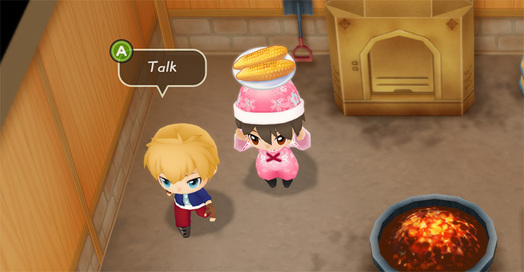 The farmer stands next to Gray while holding a plate of Roasted Corn. / Story of Seasons: Friends of Mineral Town