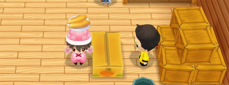The farmer stands in front of Huang’s counter while holding a plate of Roasted Corn. / Story of Seasons: Friends of Mineral Town