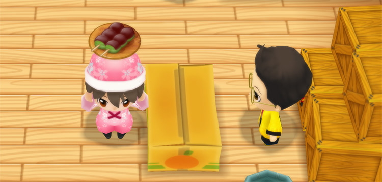 The farmer stands in front of Huang’s counter while holding a plate of Moon Dumplings. / Story of Seasons: Friends of Mineral Town
