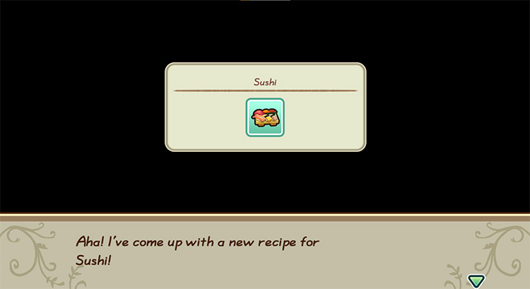 The farmer gets inspired to cook Sushi while in the kitchen. / Story of Seasons: Friends of Mineral Town