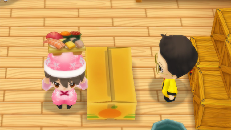 The farmer stands in front of Huang’s counter while holding a tray of Sushi. / Story of Seasons: Friends of Mineral Town
