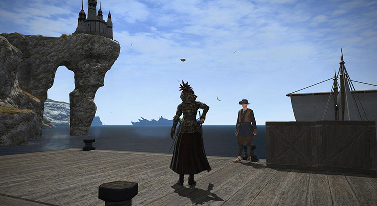 The Ferry Skipper of Aleport in Western La Noscea provides travel to the Isles of Umbra. / FFXIV