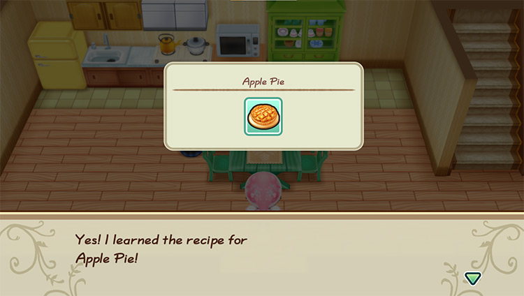 Anna teaches the farmer how to make Apple Pie. / Story of Seasons: Friends of Mineral Town