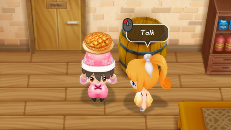 The farmer stands next to Ran while holding an Apple Pie. / Story of Seasons: Friends of Mineral Town