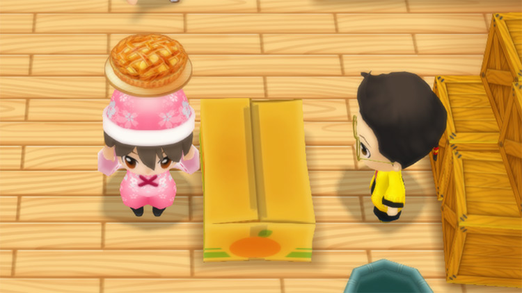 The farmer stands in front of Huang’s counter while holding an Apple Pie. / Story of Seasons: Friends of Mineral Town