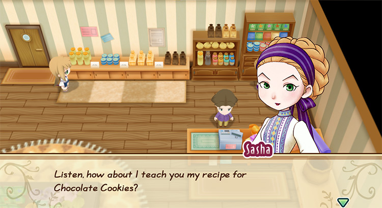 Sasha offers to teach the farmer the recipe for Chocolate Cookies. / Story of Seasons: Friends of Mineral Town