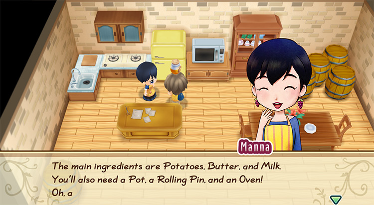 Manna offers to teach the farmer the recipe for Mashed Potatoes. / Story of Seasons: Friends of Mineral Town