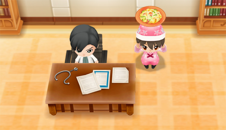 The farmer stands next to Doctor while holding a plate of Mashed Potatoes. / Story of Seasons: Friends of Mineral Town