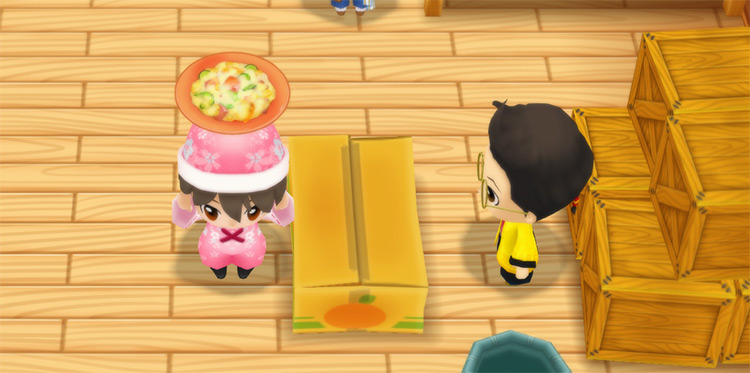 The farmer stands in front of Huang’s counter while holding a plate of Mashed Potatoes. / Story of Seasons: Friends of Mineral Town