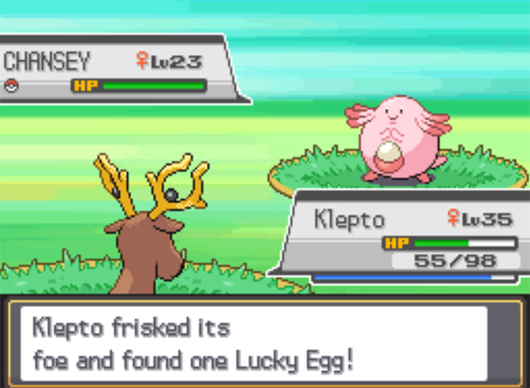 A Stantler discovering a wild Chansey's Lucky Egg with its Frisk ability / Pokemon HG/SS