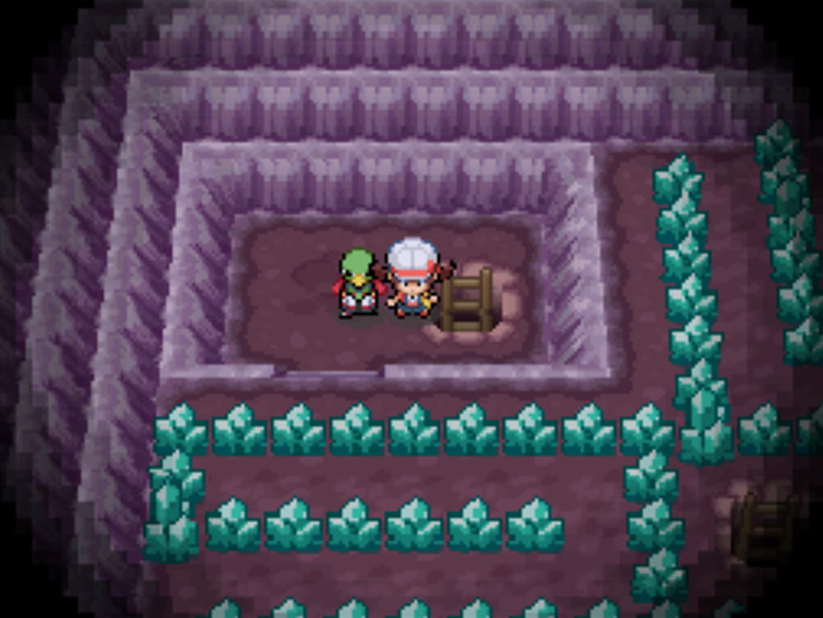 The ladder heading down a floor at the end of Cerulean Cave's crystal maze / Pokémon HGSS