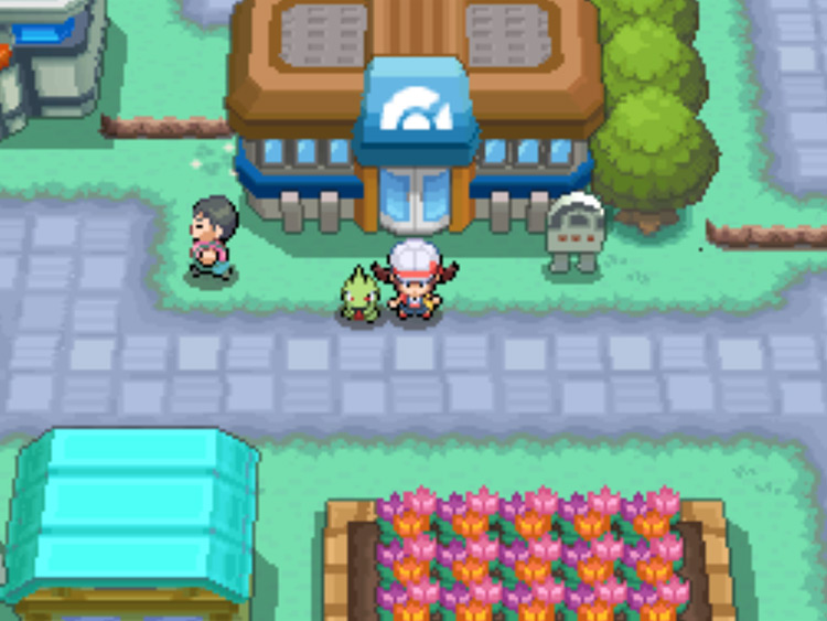 The gym in Cerulean City, where a suspicious character awaits / Pokémon HGSS