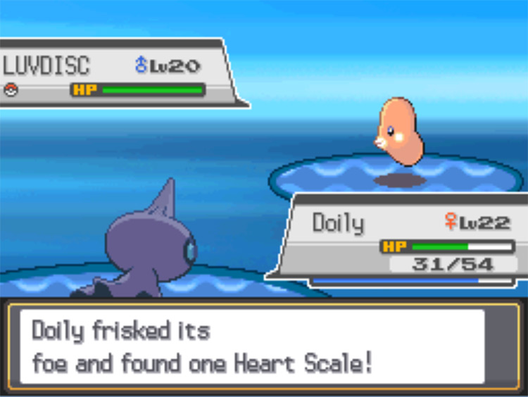 A Shuppet frisking a wild Luvdisc and identifying a held Heart Scale / Pokemon HGSS